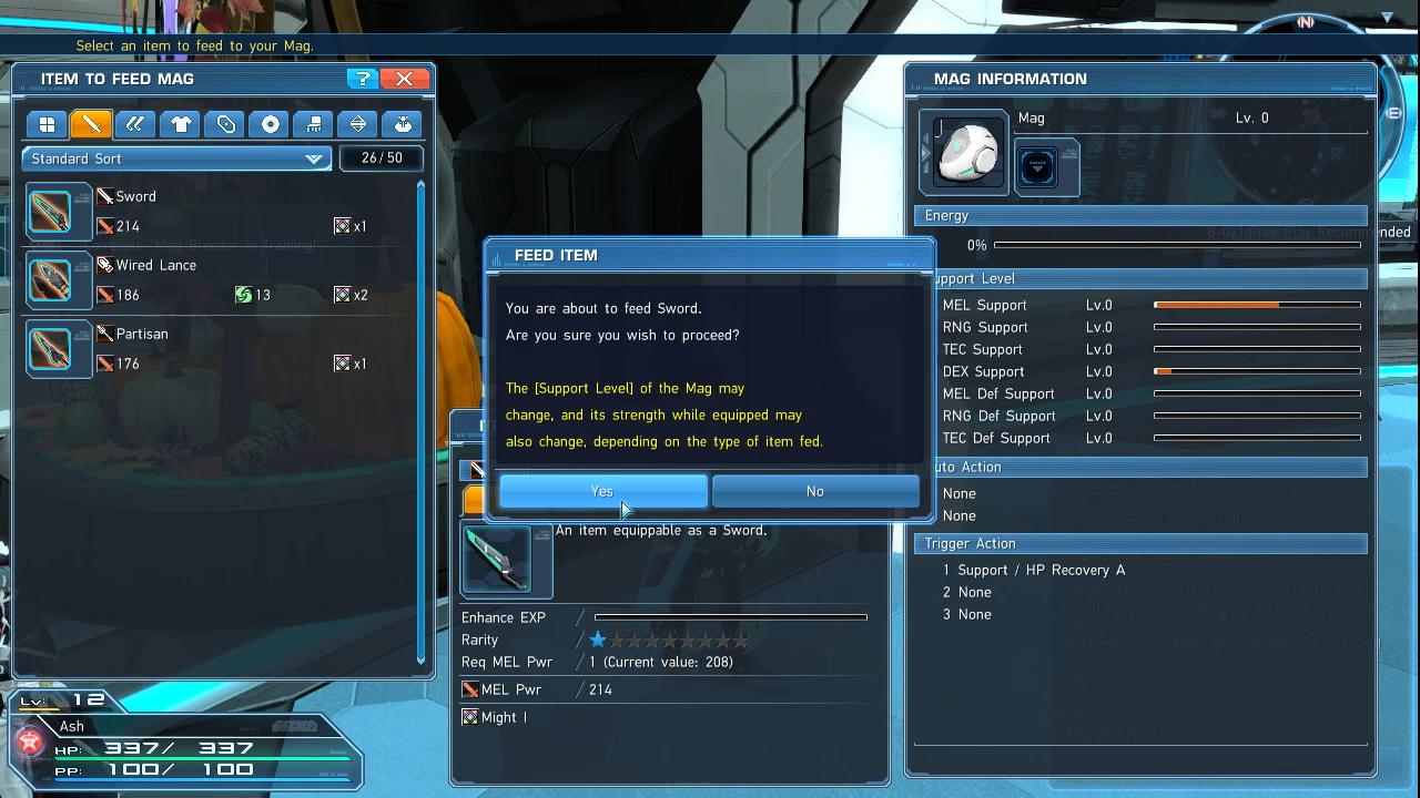 Screenshot showing the MAG feeding menu in PSO2 Classic